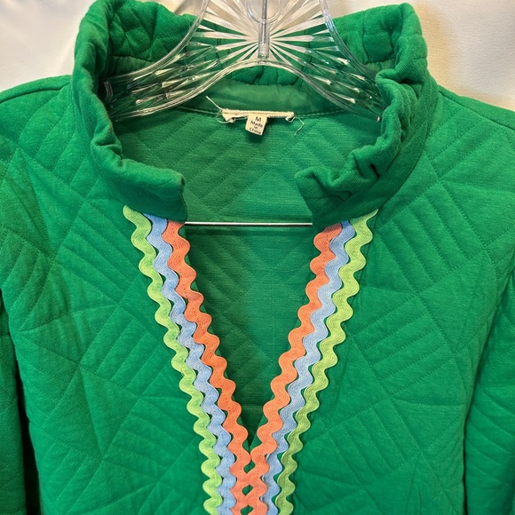 JODIFL Size Medium Ricrac Quilted Textured Peplum Top Green Balloon Sleeves - Picture 2 of 8